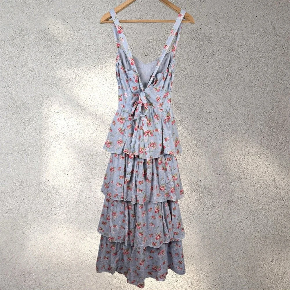 Abercrombie & Fitch Maxi Dress Blue Floral Cotton Tiered Tie Back Romantic Sz LT